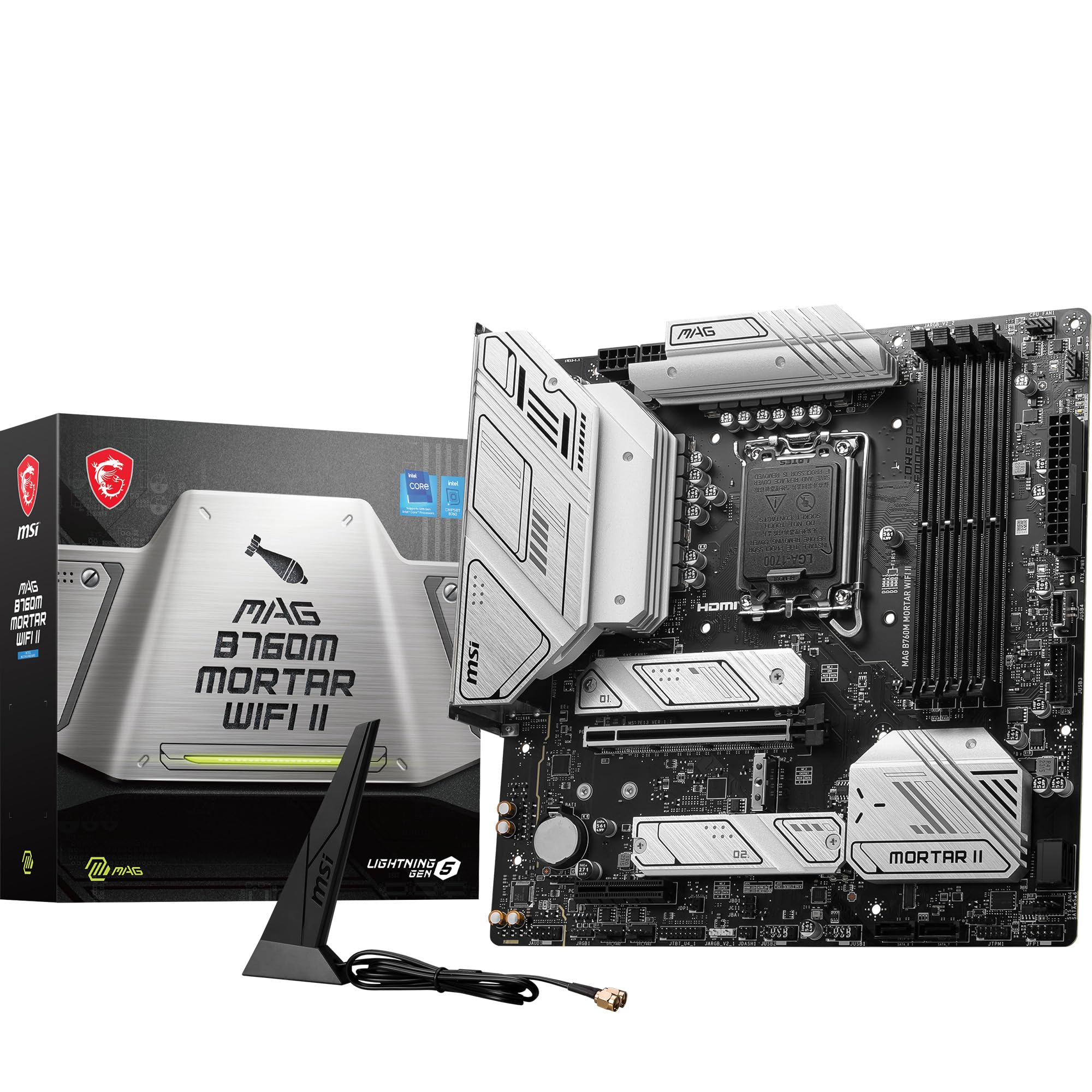 MSI MAG B760M MORTAR WIFI II Motherboard, mATX - Supports Intel 12th & 13th Gen Core Processors, LGA 1700 - DDR5 Memory Boost 7800+MHz/OC, 1x PCIe 5.0 x16, 3 x M.2 Gen4, 2.5G LAN, Wi-Fi 6E