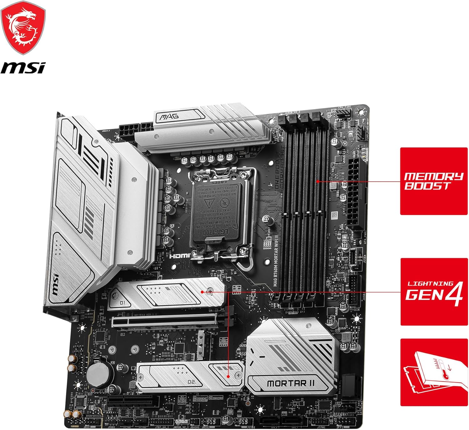 MSI MAG B760M MORTAR WIFI II Motherboard, mATX - Supports Intel 12th & 13th Gen Core Processors, LGA 1700 - DDR5 Memory Boost 7800+MHz/OC, 1x PCIe 5.0 x16, 3 x M.2 Gen4, 2.5G LAN, Wi-Fi 6E