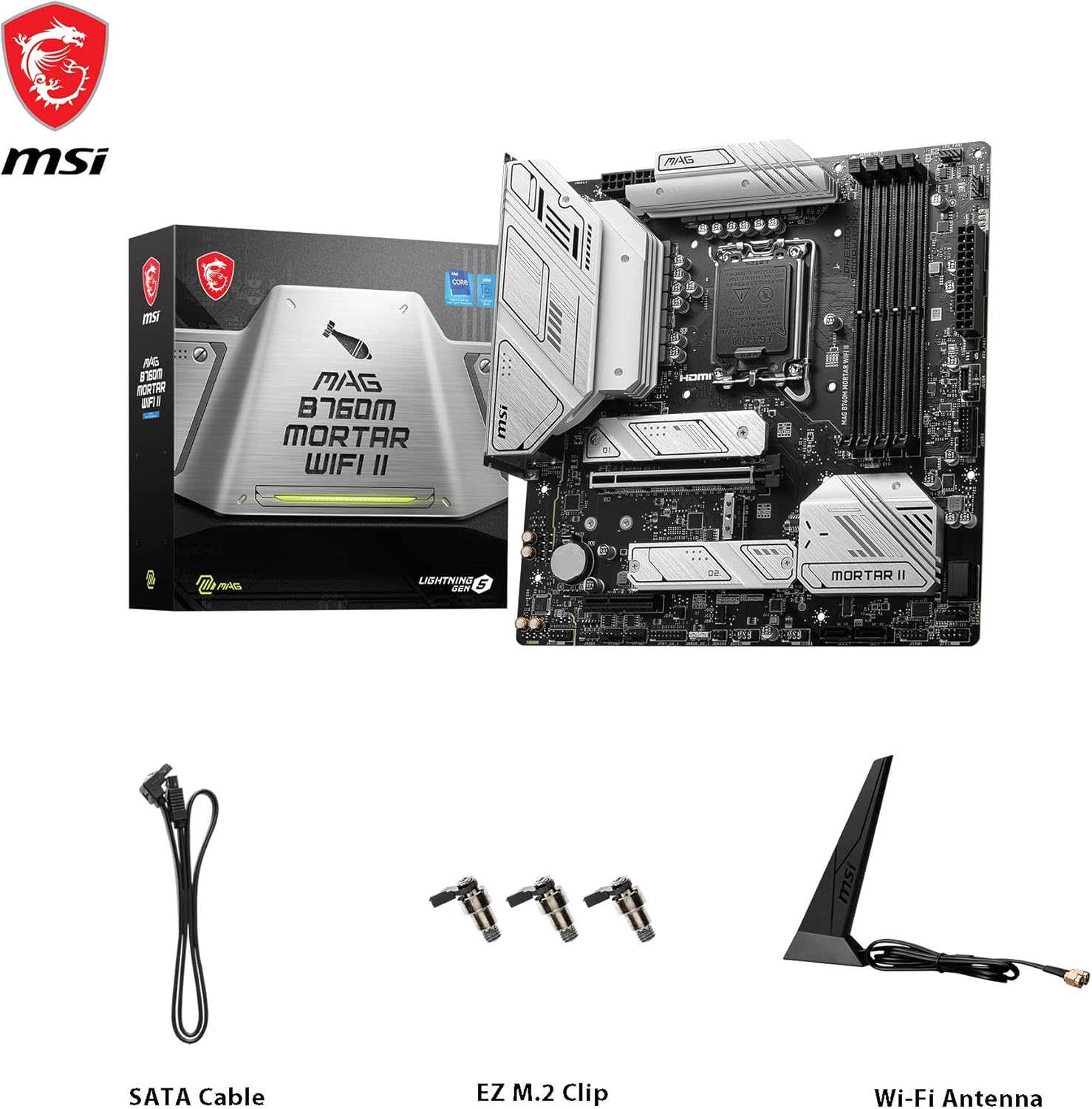 MSI MAG B760M MORTAR WIFI II Motherboard, mATX - Supports Intel 12th & 13th Gen Core Processors, LGA 1700 - DDR5 Memory Boost 7800+MHz/OC, 1x PCIe 5.0 x16, 3 x M.2 Gen4, 2.5G LAN, Wi-Fi 6E