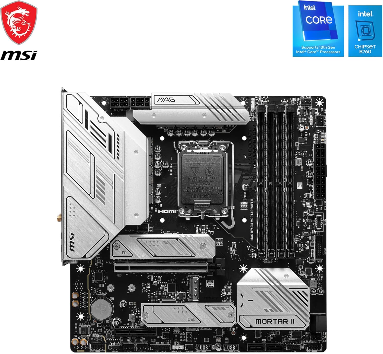 MSI MAG B760M MORTAR WIFI II Motherboard, mATX - Supports Intel 12th & 13th Gen Core Processors, LGA 1700 - DDR5 Memory Boost 7800+MHz/OC, 1x PCIe 5.0 x16, 3 x M.2 Gen4, 2.5G LAN, Wi-Fi 6E