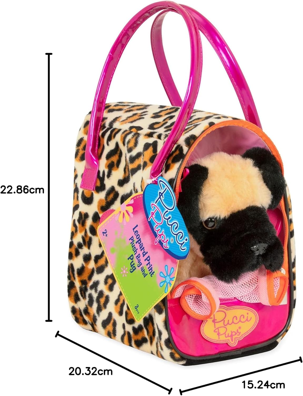 Pucci Pups Mops Kuscheltier Hund in Handtasche mit Zubehör – Plüschtier Welpe in Leopardenmuster Tasche – Spielzeug für Kinder ab 2 Jahre