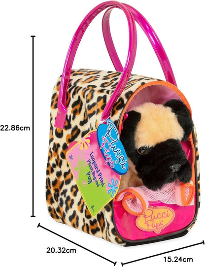 Pucci Pups Mops Kuscheltier Hund in Handtasche mit Zubehör – Plüschtier Welpe in Leopardenmuster Tasche – Spielzeug für Kinder ab 2 Jahre