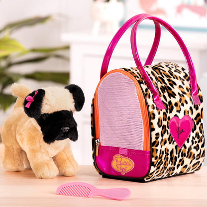 Pucci Pups Mops Kuscheltier Hund in Handtasche mit Zubehör – Plüschtier Welpe in Leopardenmuster Tasche – Spielzeug für Kinder ab 2 Jahre