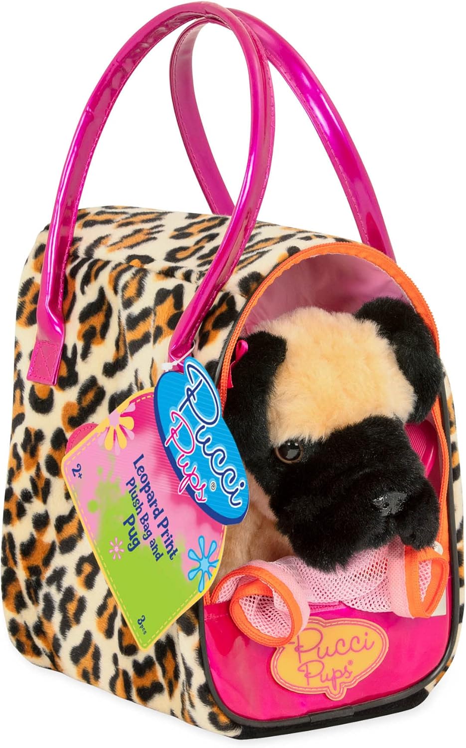 Pucci Pups Mops Kuscheltier Hund in Handtasche mit Zubehör – Plüschtier Welpe in Leopardenmuster Tasche – Spielzeug für Kinder ab 2 Jahre
