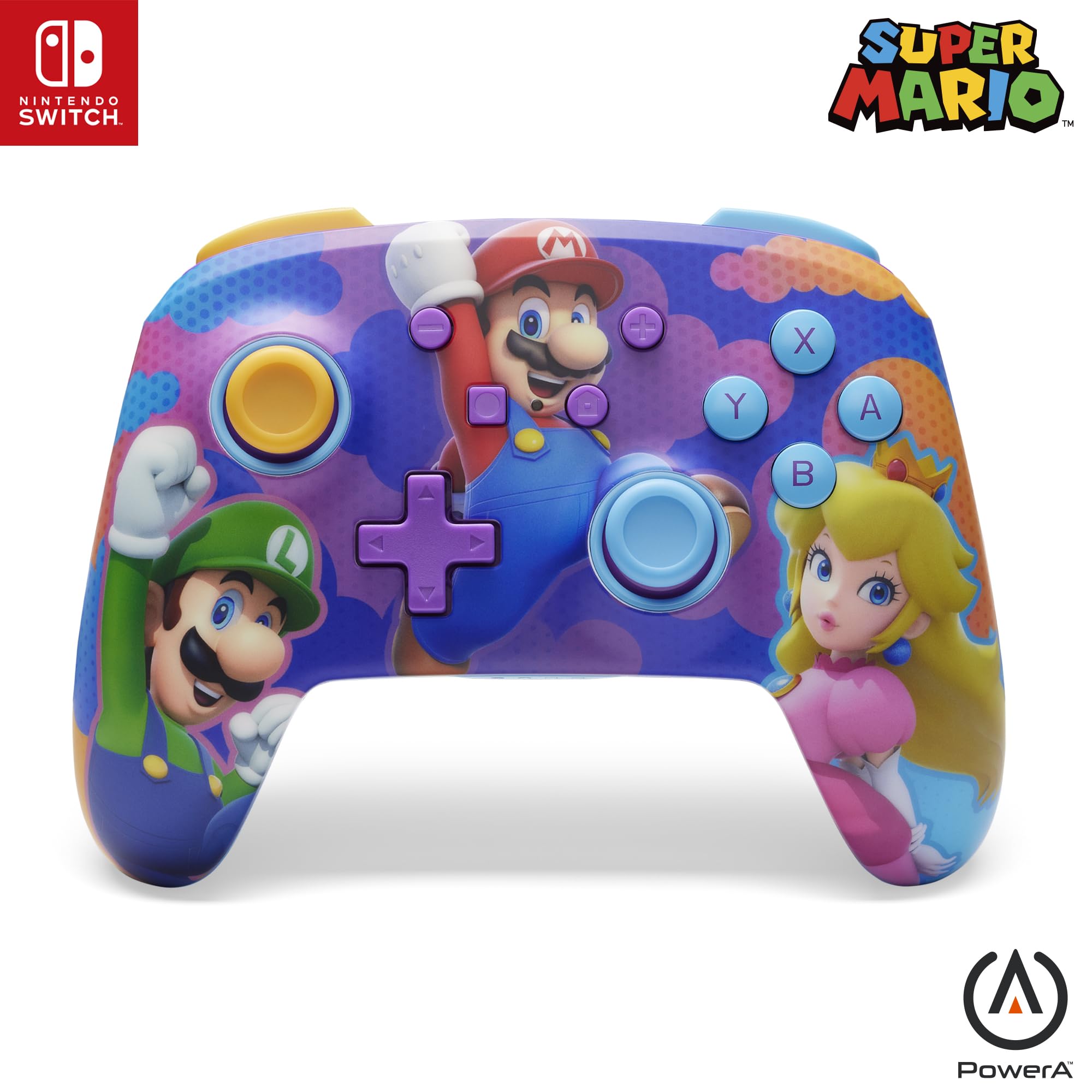 PowerA Enhanced Wireless Controller for Nintendo Switch, Switch Lite & OLED Model, Rechargeable Bluetooth Gamepad with up to 30 Hours of Play Time, Official: Mario; Color Splash Heroes