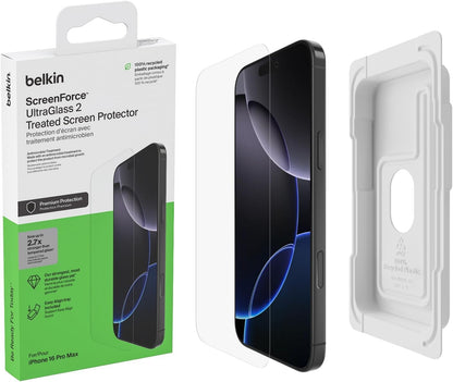 Belkin ScreenForce UltraGlass 2 iPhone 16 Pro Max Screen Protector, scratch-resistant, 9H hardness tested glass, slim design, with bubble-free application, full screen coverage for iPhone 16 Pro Max