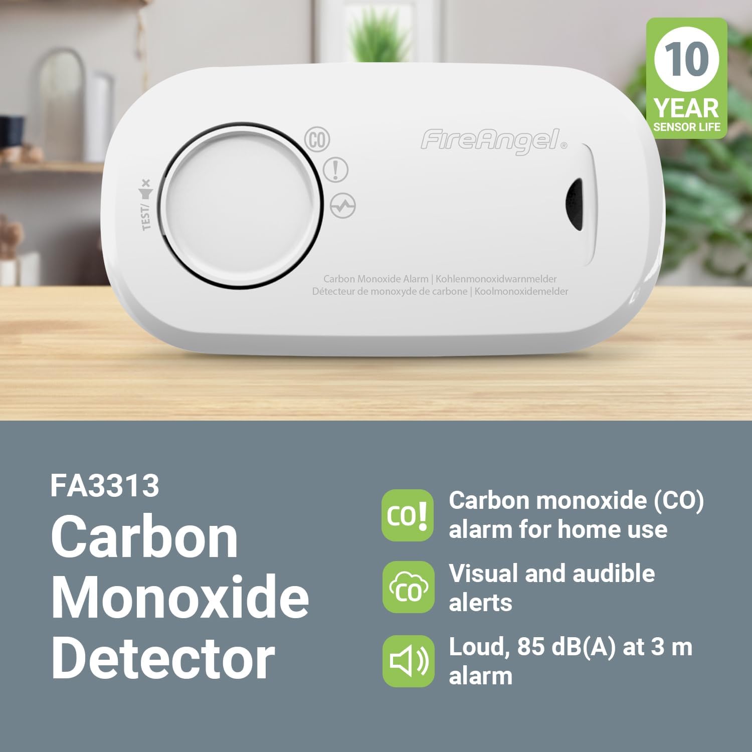 Fireangel Fa3313-Eux10 Koolmonoxidemelder Werkt Op Batterijen Detectie Van Koolmonoxide