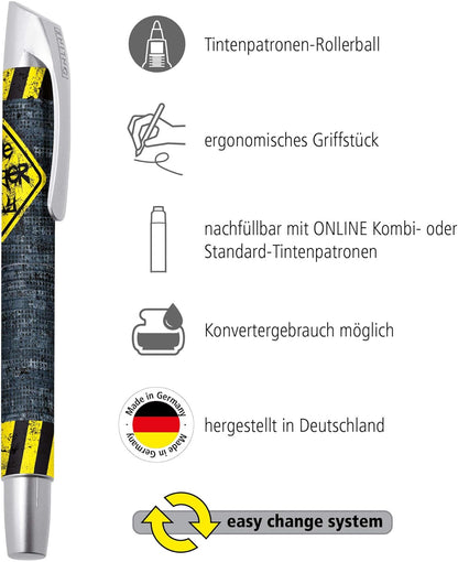 ONLINE Campus Dangerously, rollerbal voor rechtshandigen en linkshandigen, ergonomische handgreep, hoogwaardige rollerbal, standaard inktpatronen, incl. combipatroon