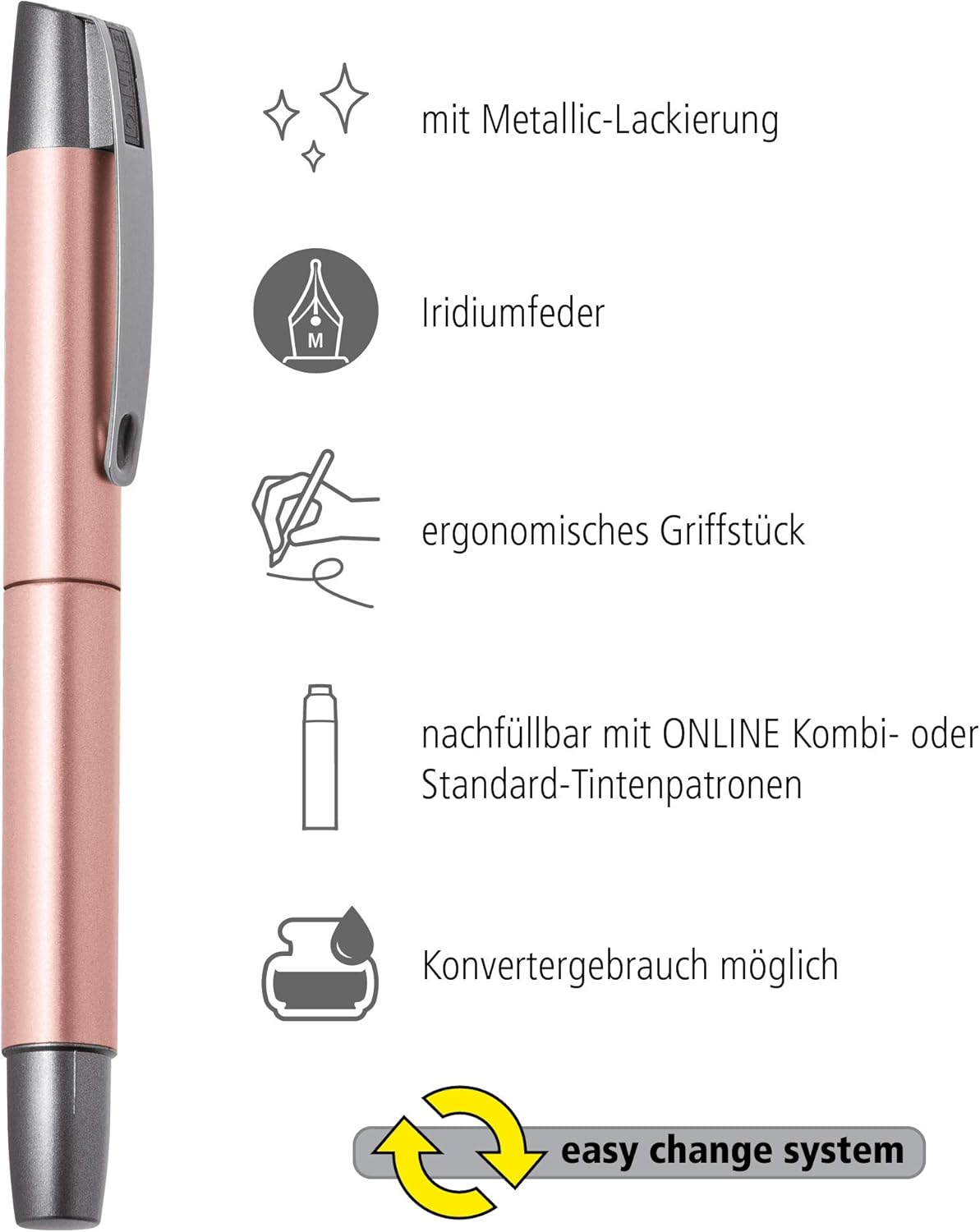 Online Ergonomic fountain pen for school/college - Campus Rosegold - solid medium nib, soft grip part, for standard ink cartridges, refillable, for beginners/pupils/students/adults