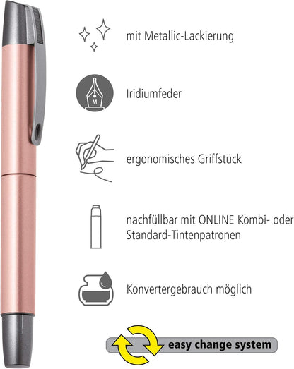 Online Ergonomic fountain pen for school/college - Campus Rosegold - solid medium nib, soft grip part, for standard ink cartridges, refillable, for beginners/pupils/students/adults