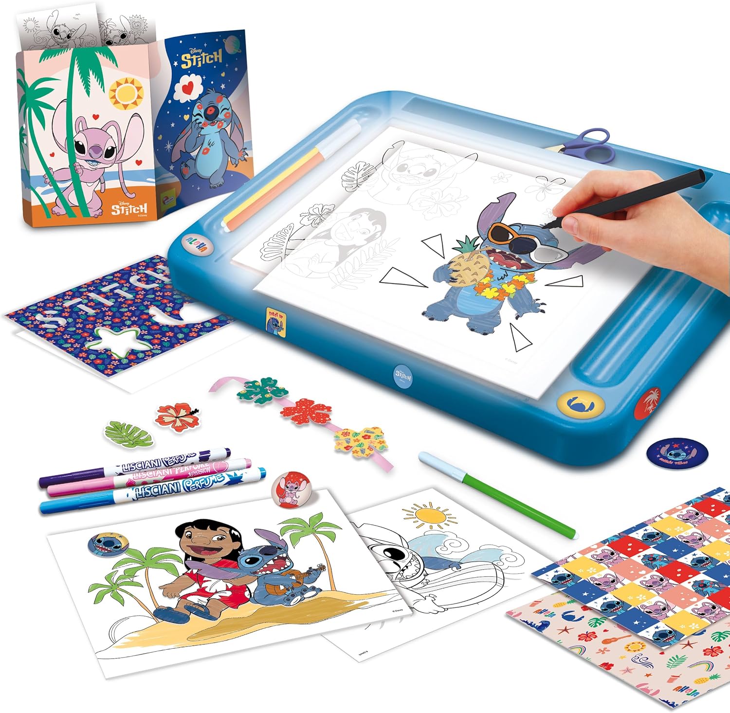 Lisciani - DISNEY STITCH - Projectietekenschool Voor Kinderen Vanaf 5 Jaar - Leer Tekenen met Stitch op een A4 Verlichte Tafel - Inclusief Stencils, Stickers, Geurmarkers en Meer