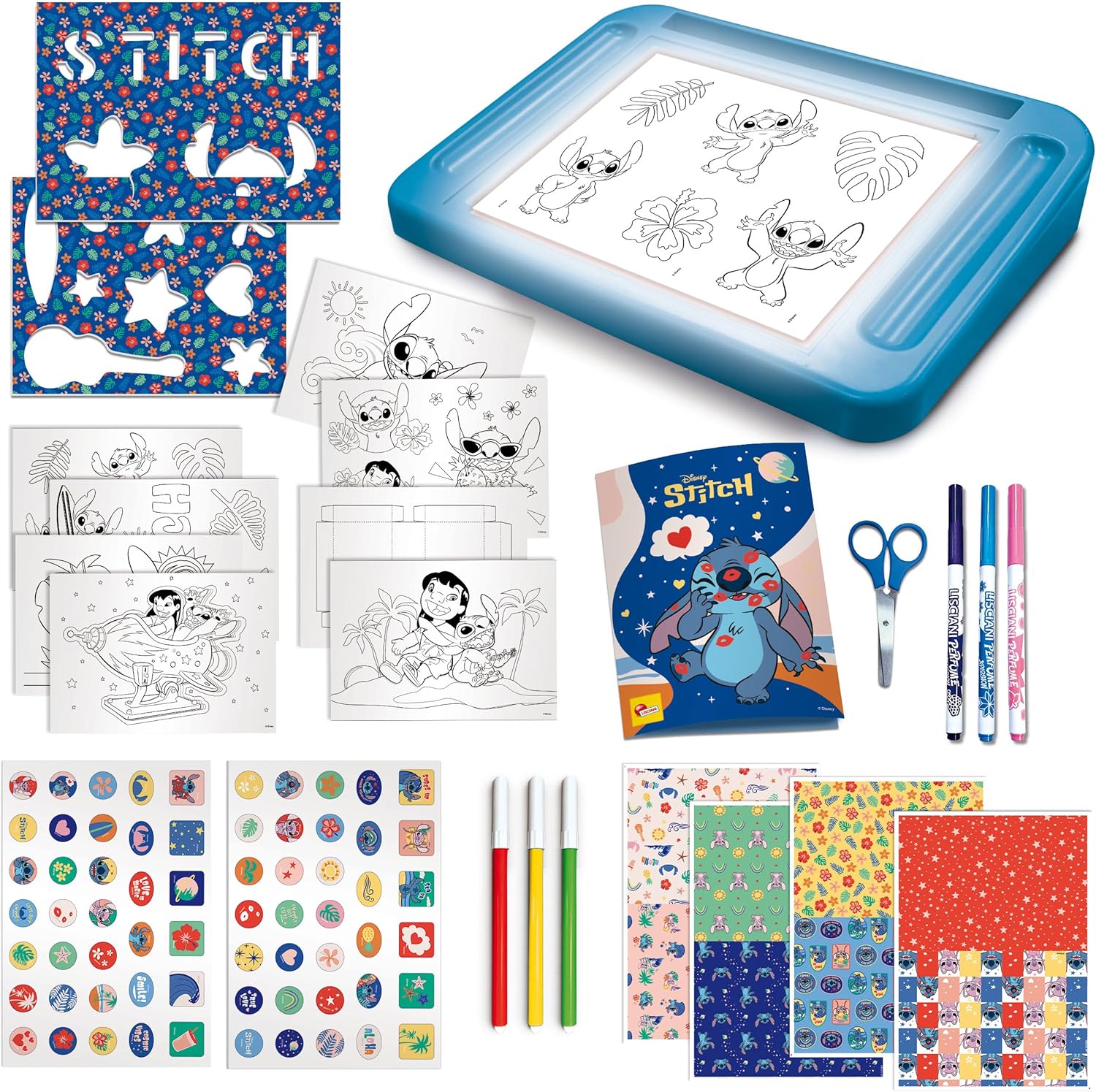 Lisciani - DISNEY STITCH - Projectietekenschool Voor Kinderen Vanaf 5 Jaar - Leer Tekenen met Stitch op een A4 Verlichte Tafel - Inclusief Stencils, Stickers, Geurmarkers en Meer