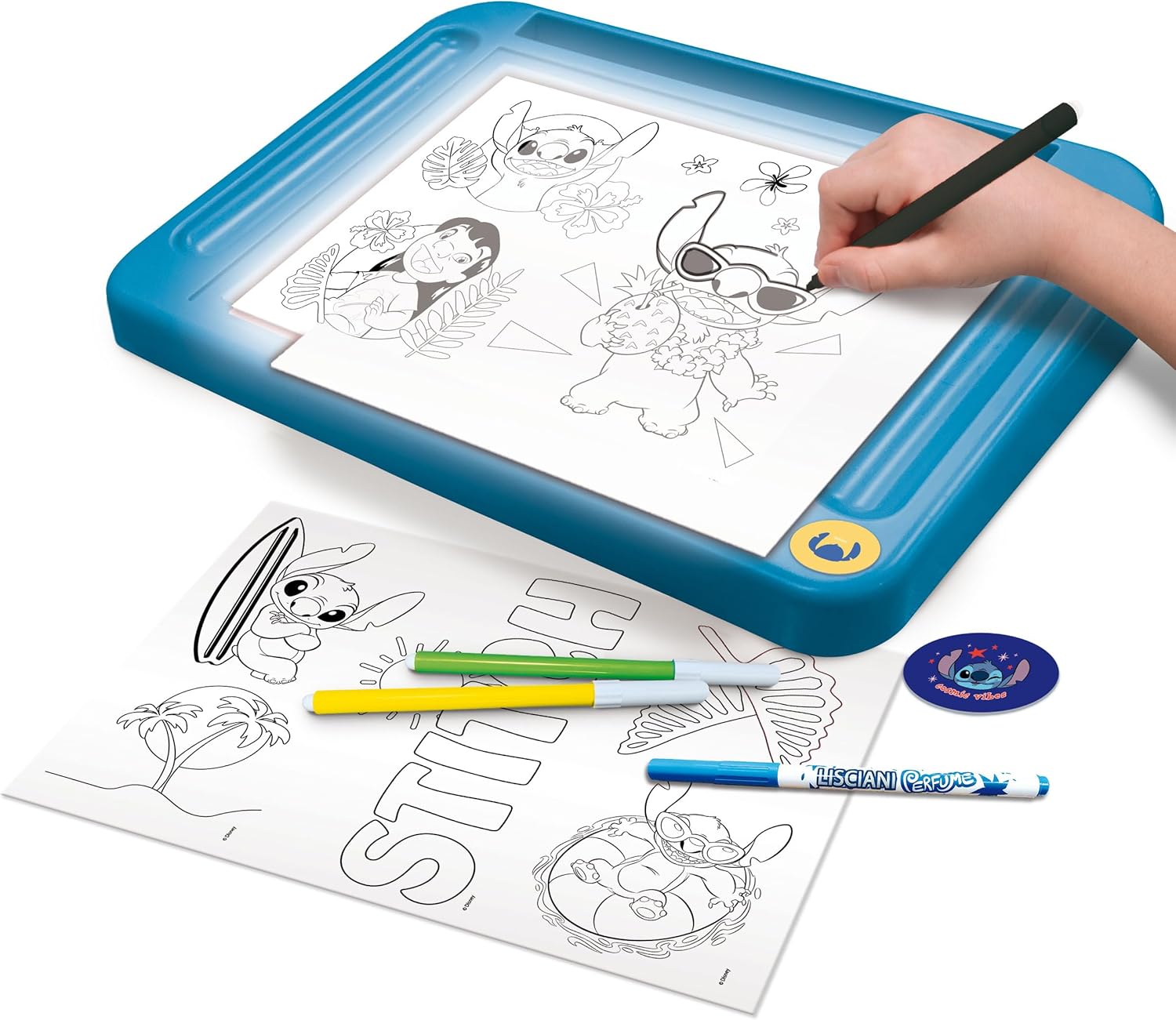 Lisciani - DISNEY STITCH - Projectietekenschool Voor Kinderen Vanaf 5 Jaar - Leer Tekenen met Stitch op een A4 Verlichte Tafel - Inclusief Stencils, Stickers, Geurmarkers en Meer