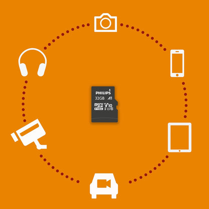 Philips Ultra Speed Micro SDHC Card 32 GB + SD Adapter UHS-I U1, leest tot 80 MB/s, A1 Fast App Performance, V10, geheugenkaart voor smartphones,tablets,pc's,kaartlezer, Full HD-video