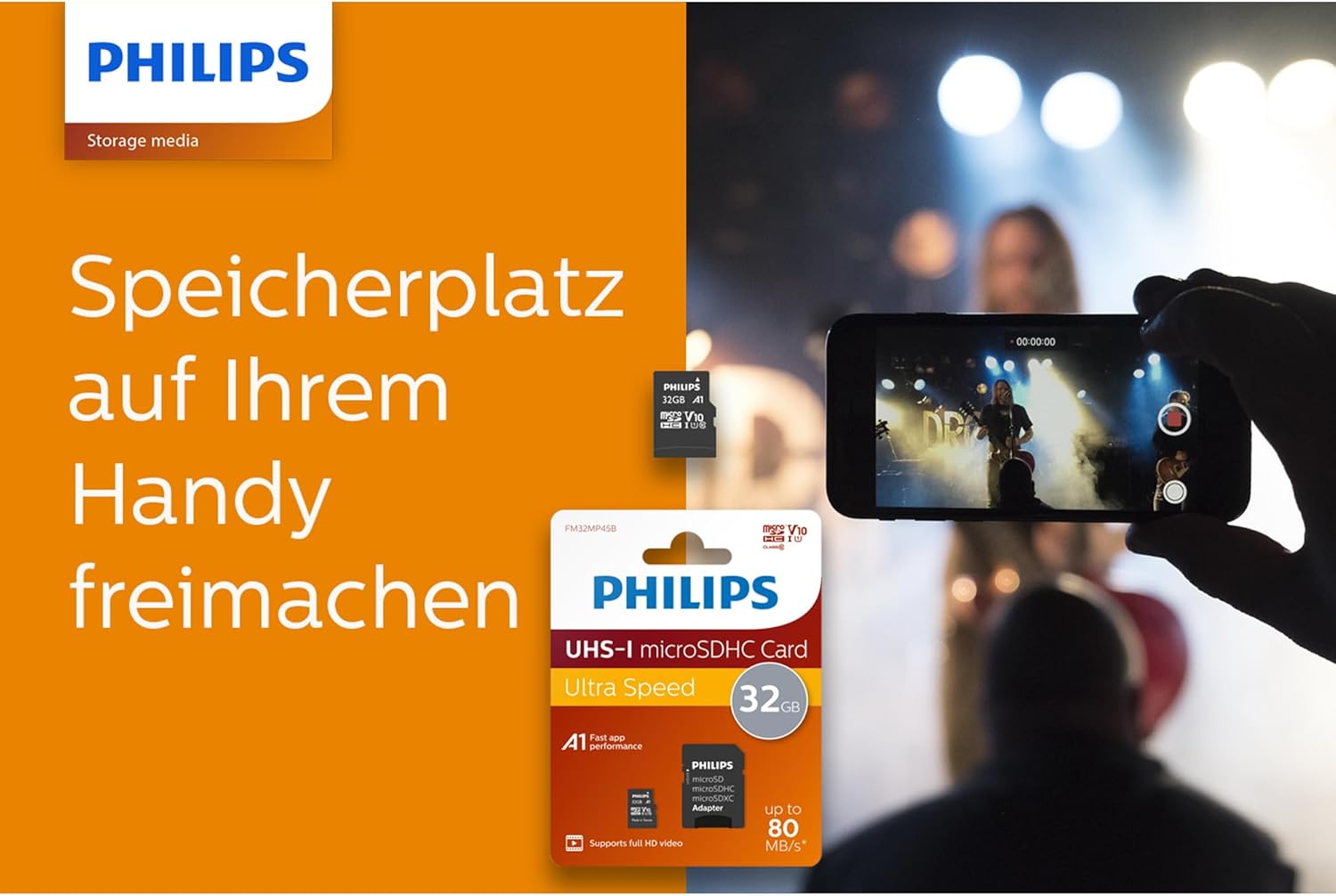Philips Ultra Speed Micro SDHC Card 32 GB + SD Adapter UHS-I U1, leest tot 80 MB/s, A1 Fast App Performance, V10, geheugenkaart voor smartphones,tablets,pc's,kaartlezer, Full HD-video
