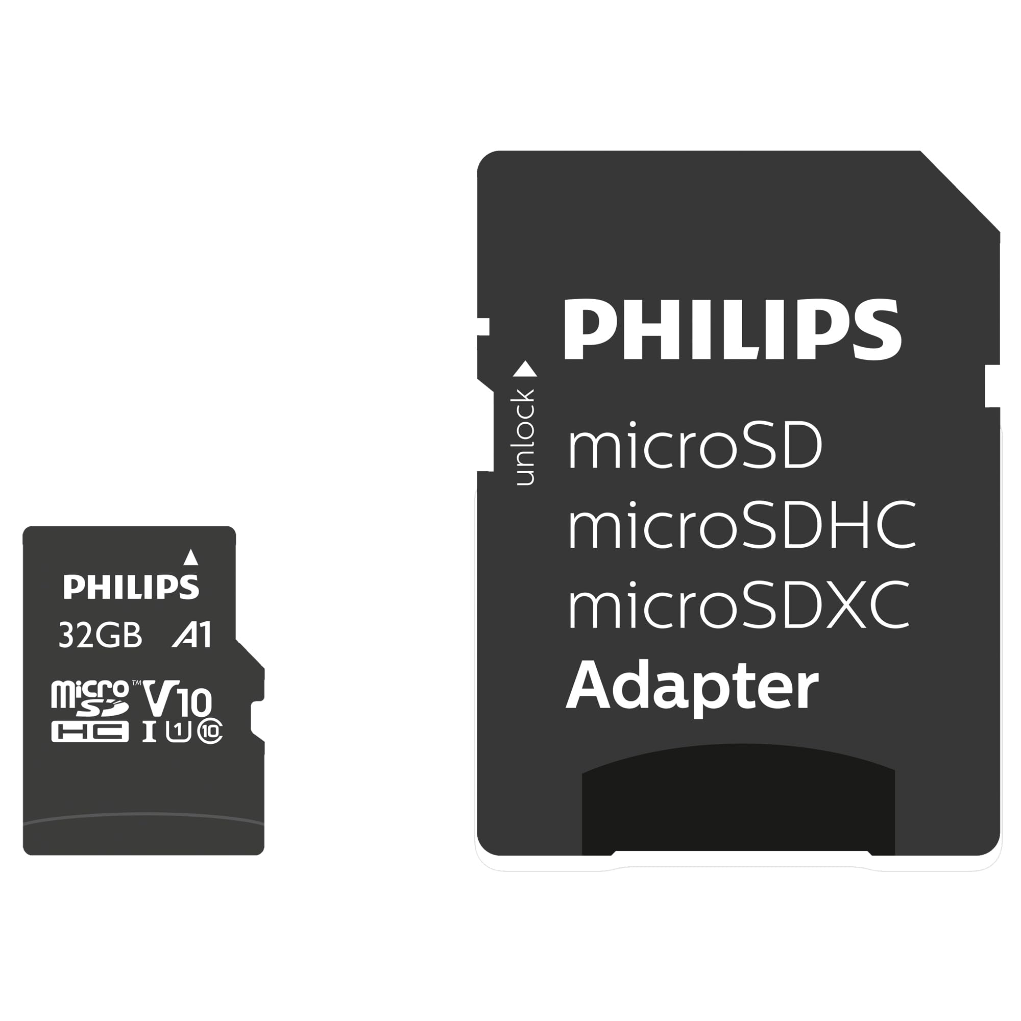 Philips Ultra Speed Micro SDHC Card 32 GB + SD Adapter UHS-I U1, leest tot 80 MB/s, A1 Fast App Performance, V10, geheugenkaart voor smartphones,tablets,pc's,kaartlezer, Full HD-video