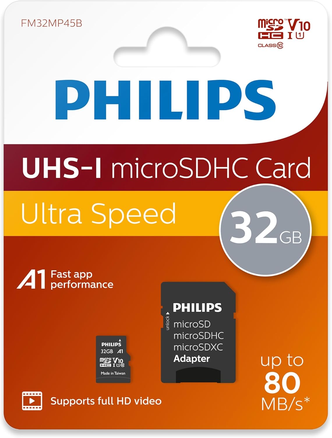 Philips Ultra Speed Micro SDHC Card 32 GB + SD Adapter UHS-I U1, leest tot 80 MB/s, A1 Fast App Performance, V10, geheugenkaart voor smartphones,tablets,pc's,kaartlezer, Full HD-video