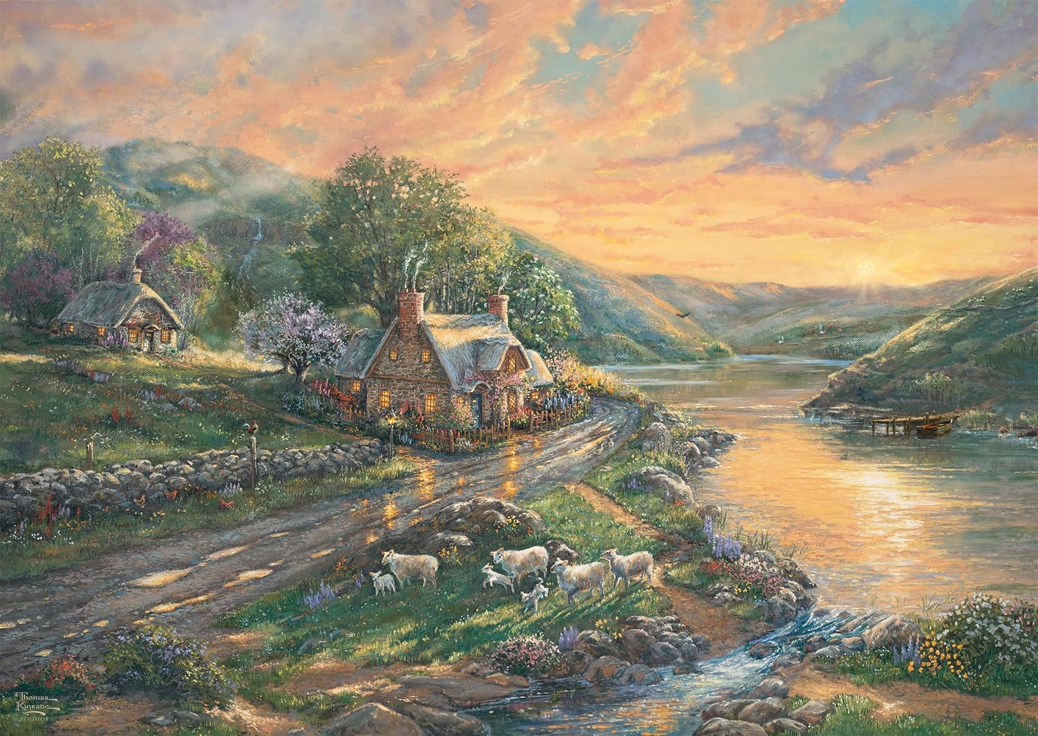 Schmidt Spiele Puzzle de 1000 Piezas (59774) Amanecer en el Valle Esmeralda, Thomas Kinkade, Multicolor, Talla única (CSG59774