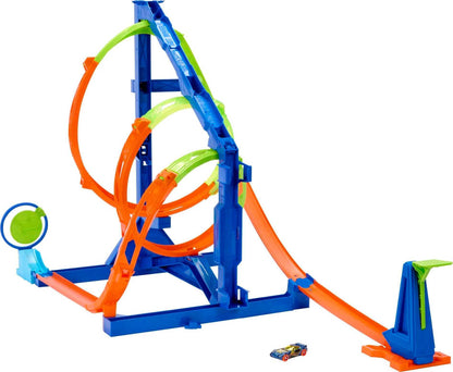 Hot Wheels Action baanset met 1 speelgoedauto, 2 verschillende kurkentrekker-uitdagingen en opbergruimte voor de baan, Hot Wheels Action Kurkentrekkerset baanset, HMX41