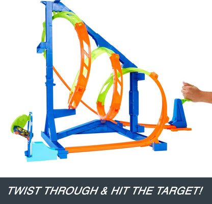 Hot Wheels Action baanset met 1 speelgoedauto, 2 verschillende kurkentrekker-uitdagingen en opbergruimte voor de baan, Hot Wheels Action Kurkentrekkerset baanset, HMX41