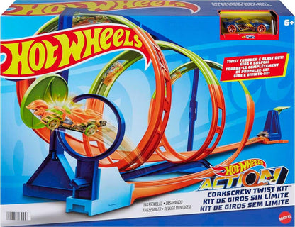 Hot Wheels Action baanset met 1 speelgoedauto, 2 verschillende kurkentrekker-uitdagingen en opbergruimte voor de baan, Hot Wheels Action Kurkentrekkerset baanset, HMX41