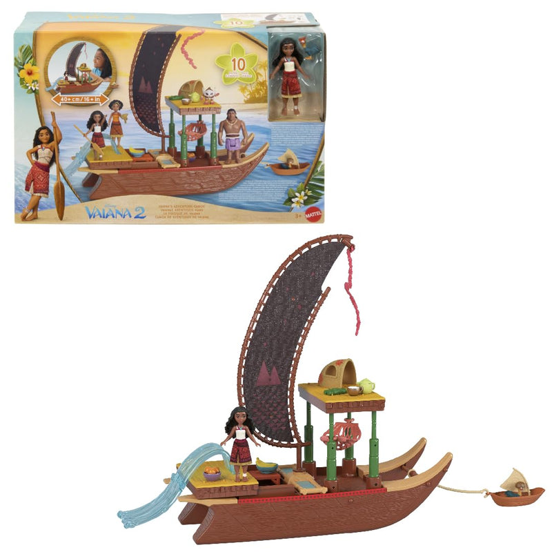 Mattel Disney Vaiana 2 Spielzeuge, Vaianas Abenteuerkanu-Spielset mit schwimmendem Kanu, kleiner Vaiana-Puppe, 1 Charakterfreund, 6 Spielbereichen und 10 Zubehörteilen, JBT78