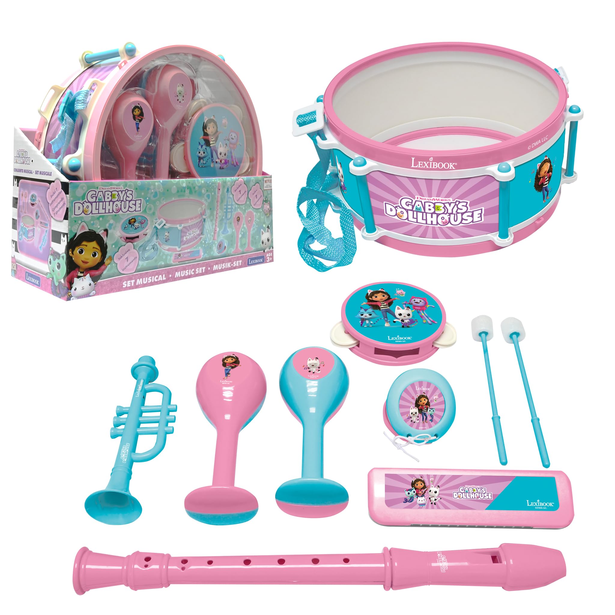 Lexibook, Casa de Muñecas de Gabby, Set de 7 Instrumentos (Tambor, Maracas, Castañuela, Armónica, Flauta, Trompeta, Pandereta), Juguete Musical, Práctico para Llevar, Talla única (K360GDH