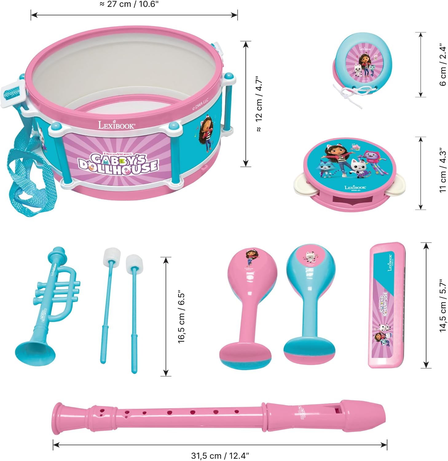 Lexibook, Casa de Muñecas de Gabby, Set de 7 Instrumentos (Tambor, Maracas, Castañuela, Armónica, Flauta, Trompeta, Pandereta), Juguete Musical, Práctico para Llevar, Talla única (K360GDH