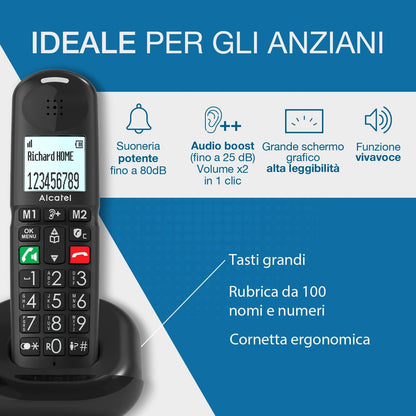 ALCATEL XL685 Duo - Telefono fisso cordless DECT Senior Formato XL - Display grafico ad alta leggibilità - Tasti grandi - Audio Boost - Vivavoce - Blocco chiamate - 2 portatili - Nero