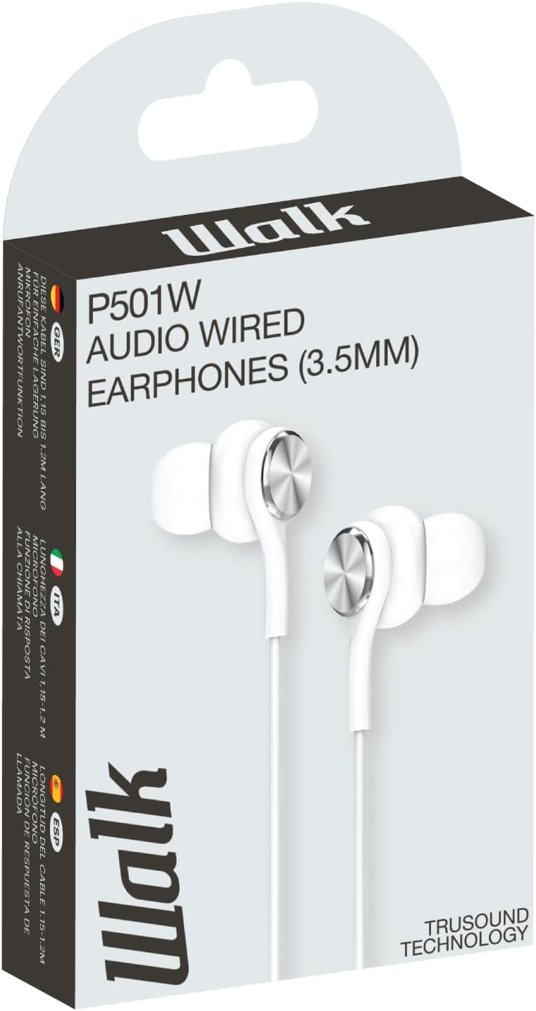 Walk Audio Wired Earphones - White (3.5mm) with mic