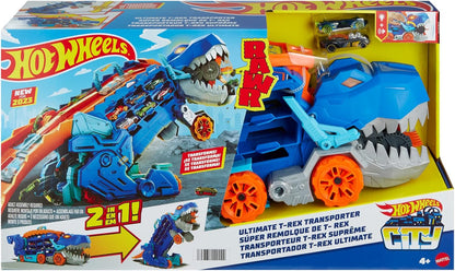 Hot Wheels City “Let's Race - ¡a Correr!” Netflix - Camión T-Rex definitivo Dinosaurio Transporte y Pista para Coches de Juguete, Incluye 2 vehículos, +4 años (Mattel HNG50)