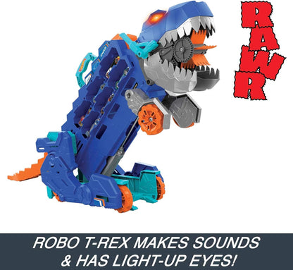 Hot Wheels City “Let's Race - ¡a Correr!” Netflix - Camión T-Rex definitivo Dinosaurio Transporte y Pista para Coches de Juguete, Incluye 2 vehículos, +4 años (Mattel HNG50)