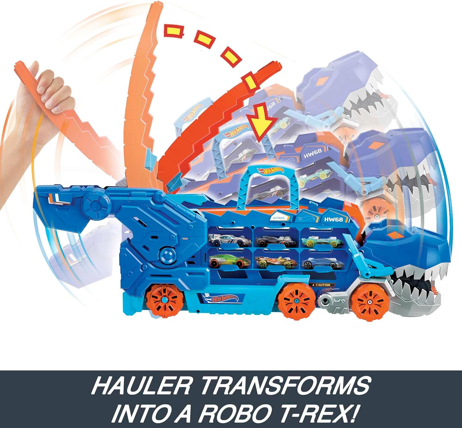 Hot Wheels City “Let's Race - ¡a Correr!” Netflix - Camión T-Rex definitivo Dinosaurio Transporte y Pista para Coches de Juguete, Incluye 2 vehículos, +4 años (Mattel HNG50)