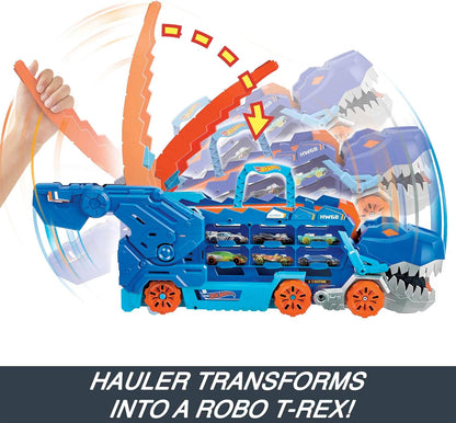 Hot Wheels City “Let's Race - ¡a Correr!” Netflix - Camión T-Rex definitivo Dinosaurio Transporte y Pista para Coches de Juguete, Incluye 2 vehículos, +4 años (Mattel HNG50)