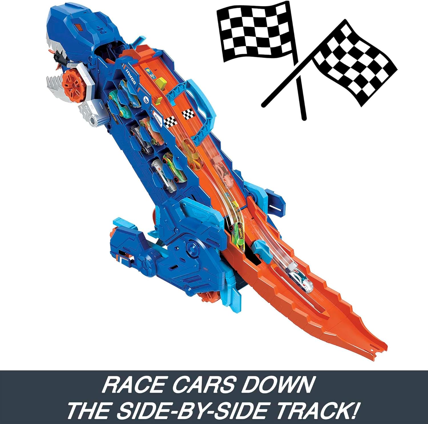 Hot Wheels City “Let's Race - ¡a Correr!” Netflix - Camión T-Rex definitivo Dinosaurio Transporte y Pista para Coches de Juguete, Incluye 2 vehículos, +4 años (Mattel HNG50)