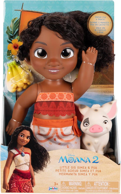 Moana 2 Disney's Little Sis Simea Doll & Pua Figure Playset By Jakks Pacific, Stands 11" / 27 cm Tall, Includes 1 Doll Outfit, 1 Pua, 1 Plastic Banana Bunch, Suggested for Ages 3+
