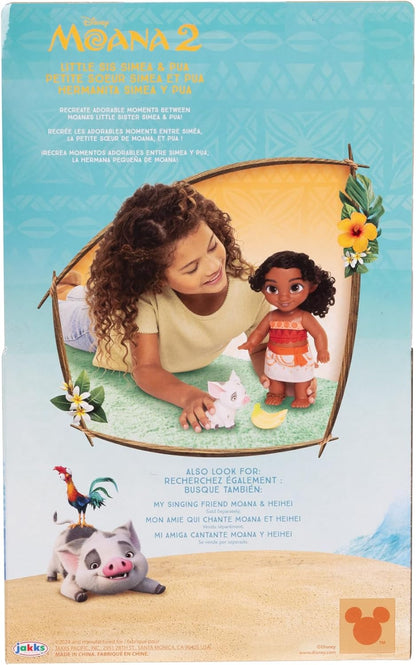 Moana 2 Disney's Little Sis Simea Doll & Pua Figure Playset By Jakks Pacific, Stands 11" / 27 cm Tall, Includes 1 Doll Outfit, 1 Pua, 1 Plastic Banana Bunch, Suggested for Ages 3+