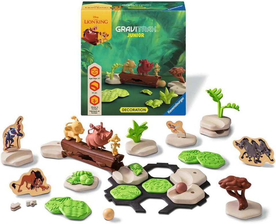 Ravensburger- Simba, Pumbaa, Timón GraviTrax Junior Extension Disney Lion King 23862-Pista de canicas para niños a Partir de 3 años, con Figuras del Rey León Mundial (23862
