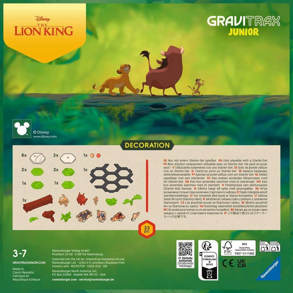 Ravensburger- Simba, Pumbaa, Timón GraviTrax Junior Extension Disney Lion King 23862-Pista de canicas para niños a Partir de 3 años, con Figuras del Rey León Mundial (23862