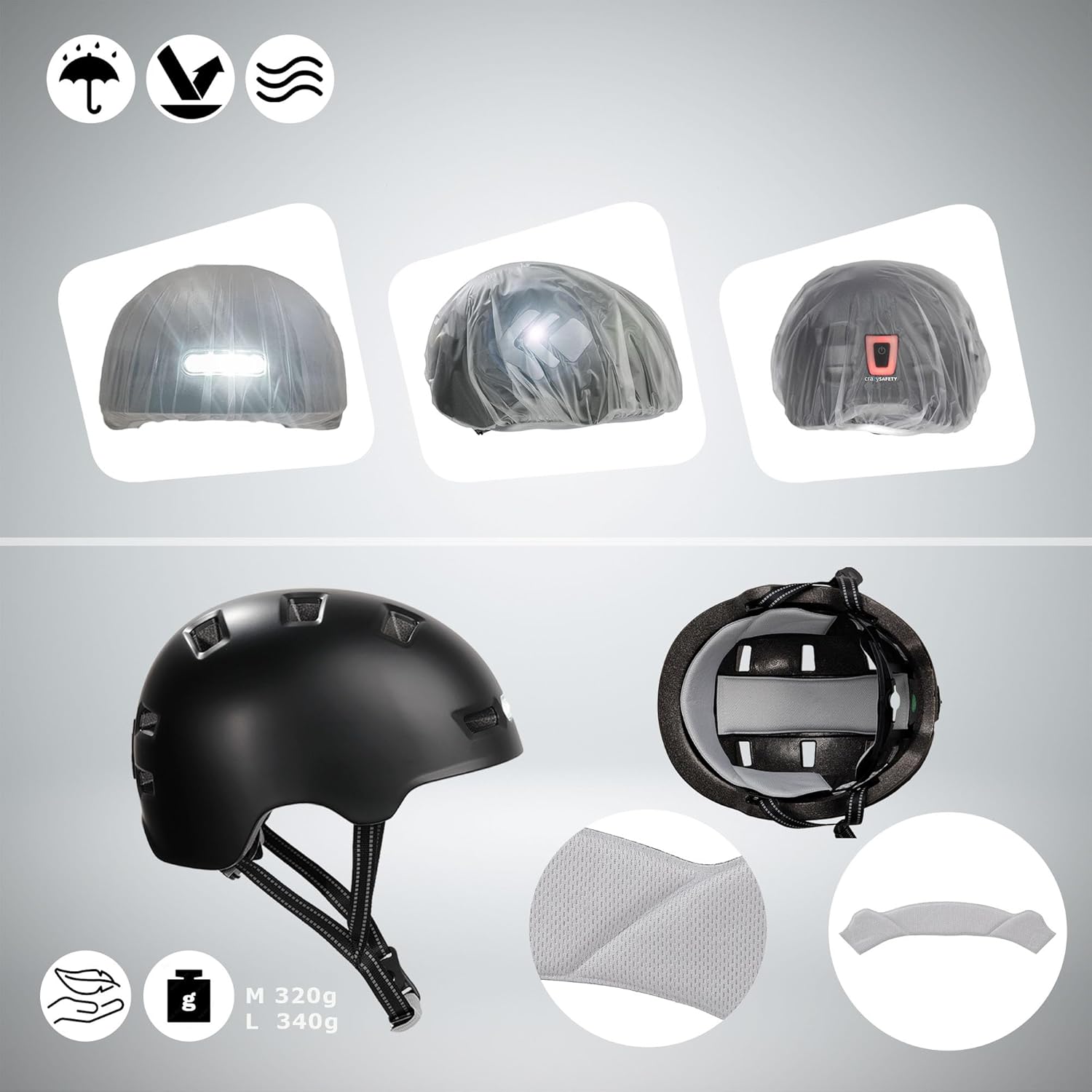 Crazy Safety Vertigo Mat Zwarte Fietshelm Voor- en Achterlicht USB | Skaterhelm Voor Scooter, Skateboard, Skates en BMX-fietsen, Stadsfietshelm Voor Heren Dames | M 54-57cm