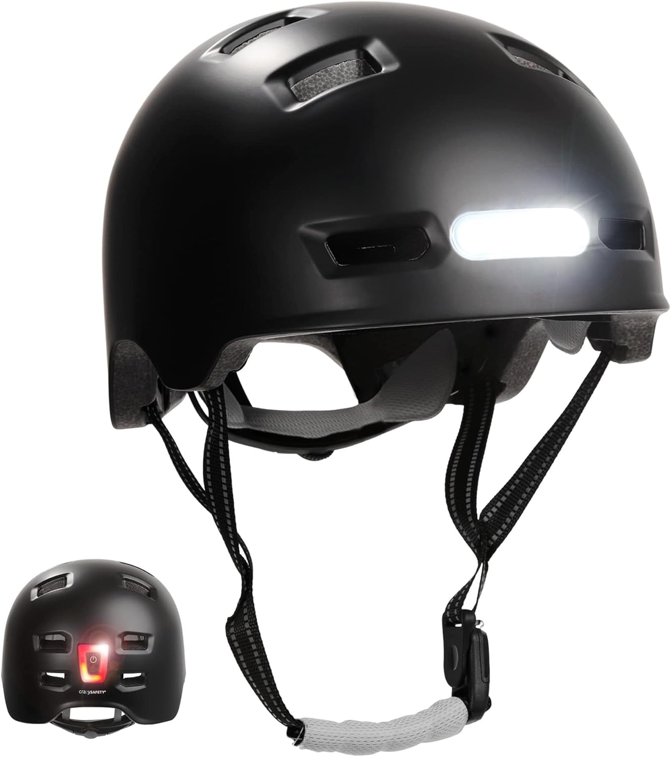 Crazy Safety Vertigo Mat Zwarte Fietshelm Voor- en Achterlicht USB | Skaterhelm Voor Scooter, Skateboard, Skates en BMX-fietsen, Stadsfietshelm Voor Heren Dames | M 54-57cm