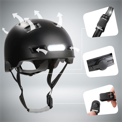 Crazy Safety Vertigo Mat Zwarte Fietshelm Voor- en Achterlicht USB | Skaterhelm Voor Scooter, Skateboard, Skates en BMX-fietsen, Stadsfietshelm Voor Heren Dames | M 54-57cm