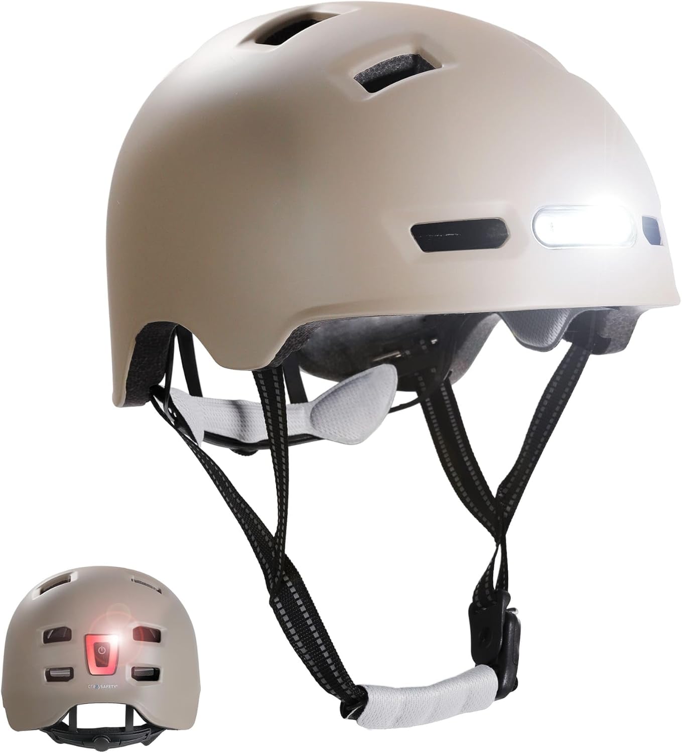 Crazy Safety Vertigo Mat Zwarte Fietshelm Voor- en Achterlicht USB | Skaterhelm Voor Scooter, Skateboard, Skates en BMX-fietsen, Stadsfietshelm Voor Heren Dames | M 54-57cm