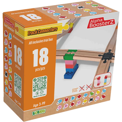 Alpha Boosterz Gleisverbinder -18-teiliges Trail-Set, hölzerne Eisenbahnschienen und Bausteine für Kinderspielzeug -passend für Brio-Gleisset und Duplo-Eisenbahnschienenadapter -anglebiger Holzzug