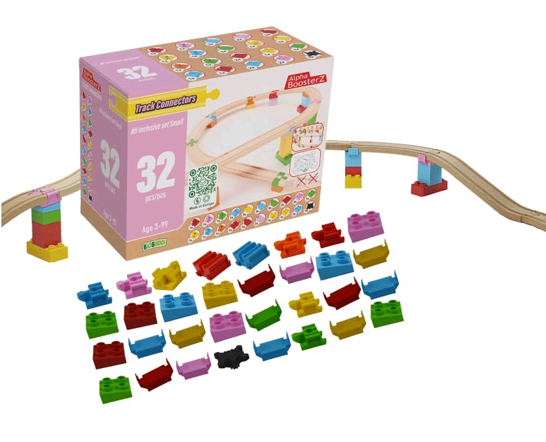 Alpha Boosterz Gleisverbinder-32-teiliges All-Inclusive-Set, kleine Holzeisenbahnschienen & Bausteine für Kinderspielzeug-passend für Brio-Gleisset & Duplo-Eisenbahngleisadapter-langlebiger Holzzug