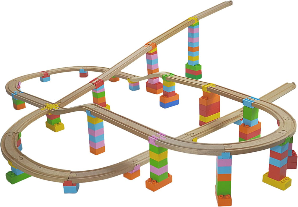 Alpha Boosterz Gleisverbinder-32-teiliges All-Inclusive-Set, kleine Holzeisenbahnschienen & Bausteine für Kinderspielzeug-passend für Brio-Gleisset & Duplo-Eisenbahngleisadapter-langlebiger Holzzug
