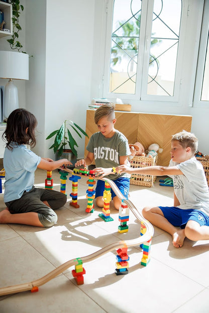 Alpha Boosterz Gleisverbinder-32-teiliges All-Inclusive-Set, kleine Holzeisenbahnschienen & Bausteine für Kinderspielzeug-passend für Brio-Gleisset & Duplo-Eisenbahngleisadapter-langlebiger Holzzug