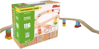 Alpha Boosterz Gleisverbinder-116 Stück Alles ineiner Box-XL,hölzerne Eisenbahngleise und Bausteine für Kinderspielzeug-passend für Brio-Gleisset und Duplo-Eisenbahn-Gleisadapter-anglebiger Holzzug