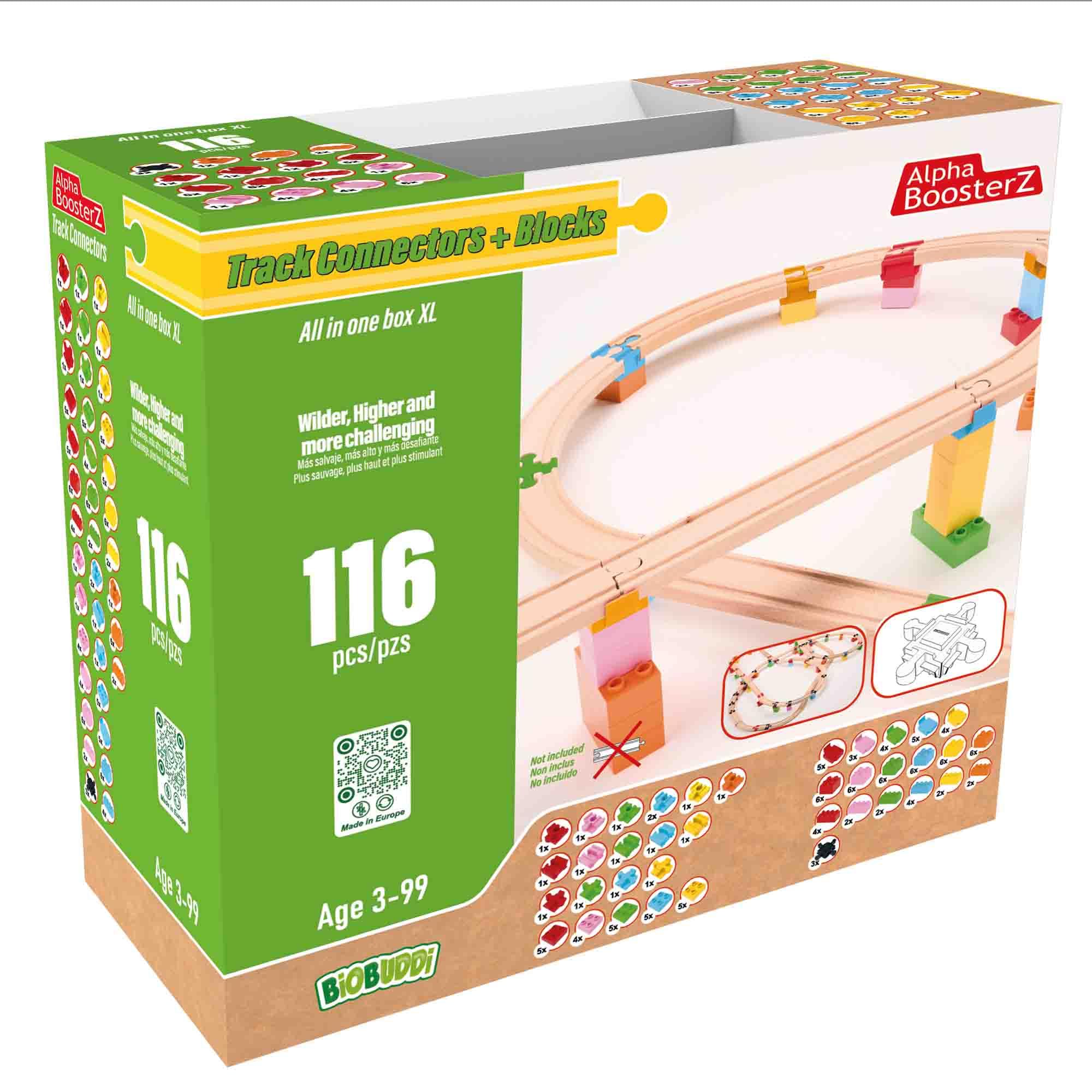 Alpha Boosterz Gleisverbinder-116 Stück Alles ineiner Box-XL,hölzerne Eisenbahngleise und Bausteine für Kinderspielzeug-passend für Brio-Gleisset und Duplo-Eisenbahn-Gleisadapter-anglebiger Holzzug
