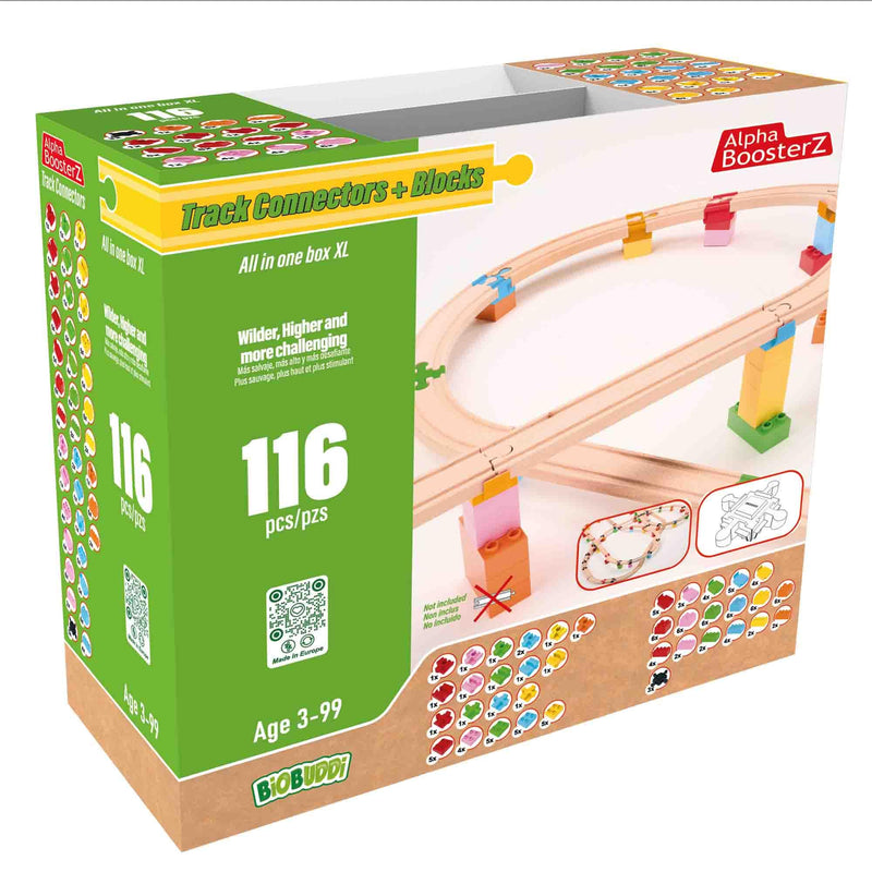 Alpha Boosterz Gleisverbinder-116 Stück Alles ineiner Box-XL,hölzerne Eisenbahngleise und Bausteine für Kinderspielzeug-passend für Brio-Gleisset und Duplo-Eisenbahn-Gleisadapter-anglebiger Holzzug